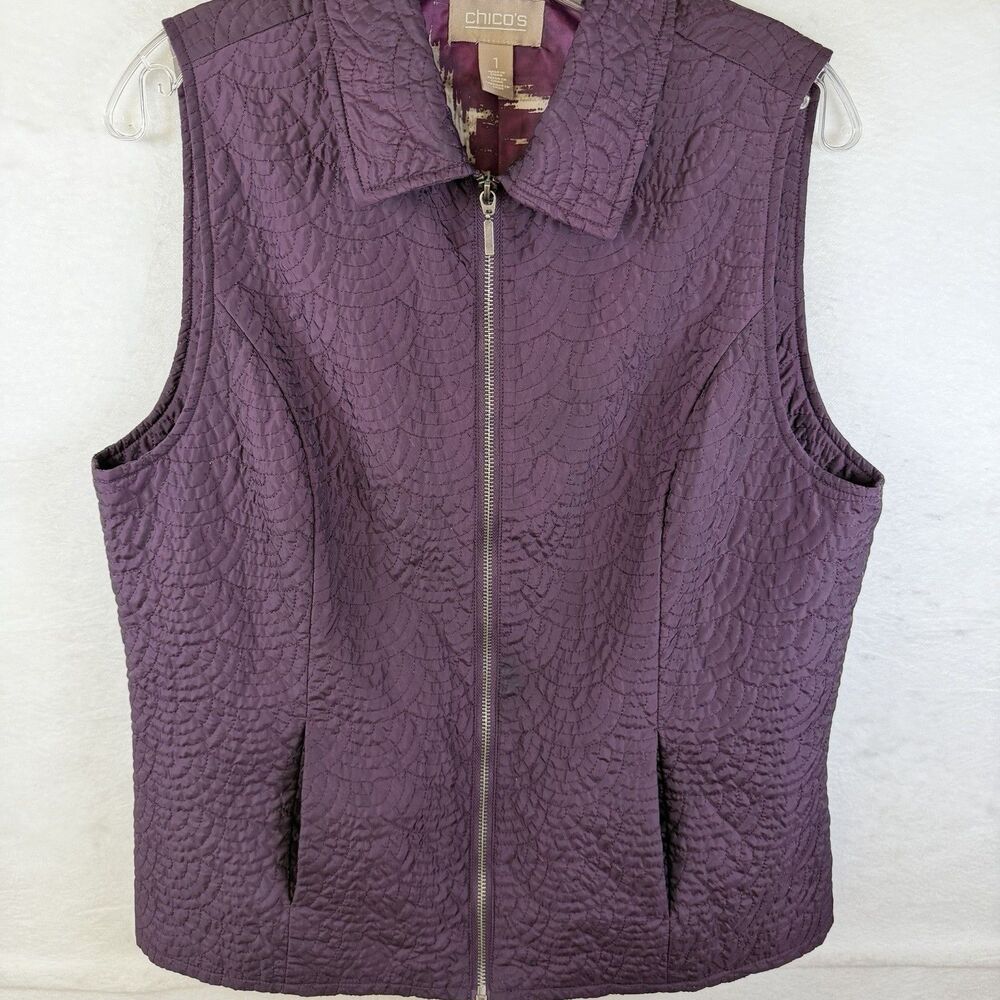 Chicos Plum/Purple Quilted Vest Full Zip Sporty Cozy Jewel Classic Preppy Sz 1/M